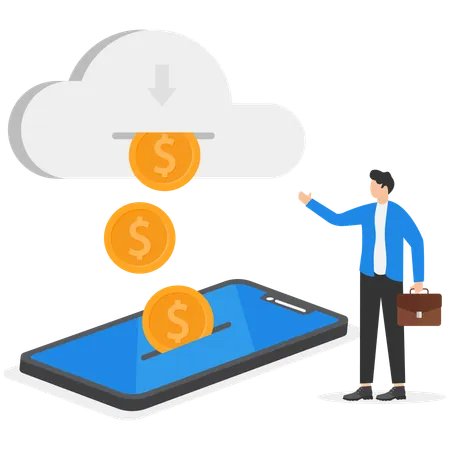 A Man In A Business Suit Stands Next To A Smartphone In Which Gold Coins From The Cloud  Illustration