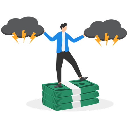 A Man In A Business Suit Stands On A Pile Of Money And Disperses Dark Clouds With His Hands  Illustration