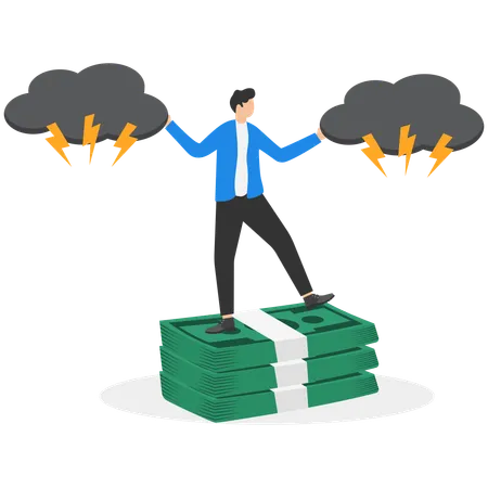 A Man In A Business Suit Stands On A Pile Of Money And Disperses Dark Clouds With His Hands  Illustration