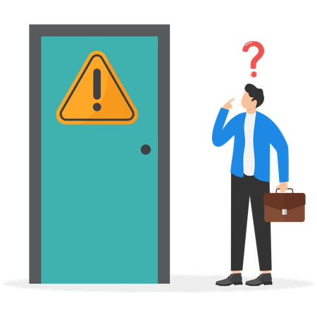 A man in a business suit stands surprised in front of a closed door with an exclamation mark  Illustration