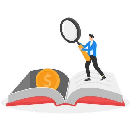 A man in a business suit with a magnifier looks at a book on gold coins  Illustration