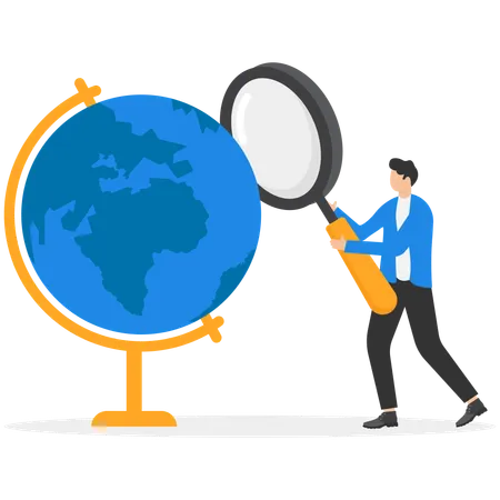 A Man In A Business Suit With A Magnifying Glass In His Hands Looks At The Globe  Illustration