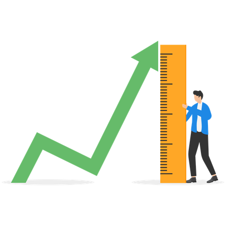 A Man In A Business Suit With A Ruler Stands Next To A Huge Red Arrow  Illustration