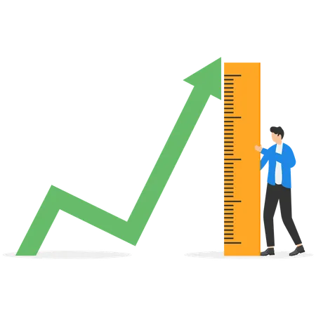 A Man In A Business Suit With A Ruler Stands Next To A Huge Red Arrow  Illustration