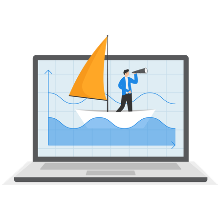 A man in a business suit with a telescope is floating on a paper boat over a wave of graphics in a laptop screen  Illustration