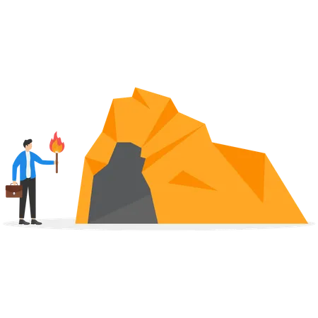 A man in a business suit with a torch stands near the entrance to the cave  Illustration