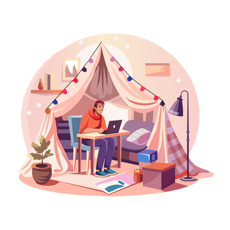 A man in a cozy night doing Laptop Working  Illustration