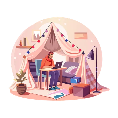 A man in a cozy night doing Laptop Working  Illustration