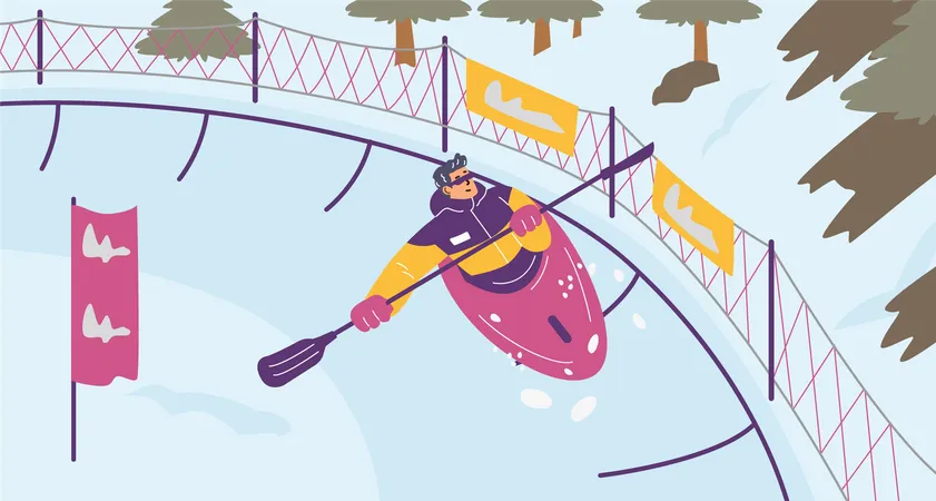 A man in a kayak glides along a special track  Illustration