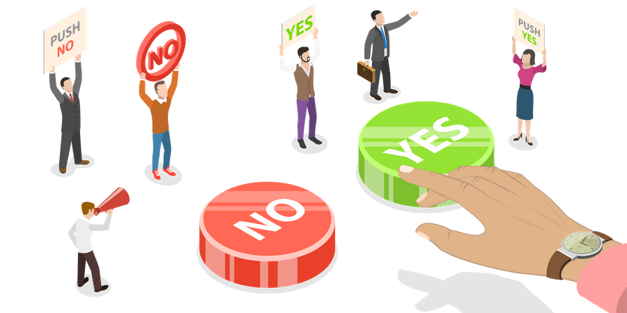A Man is Making Decision and Choosing YES or NO answer which Button to Push  イラスト