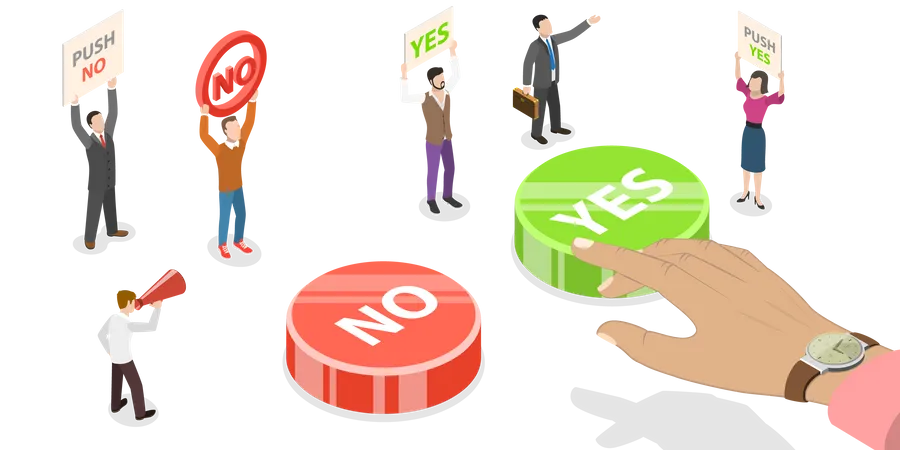 Vector Isometric Concept Of Choosing YES Or NO Answer A Man Is Making Decision Which Button To Push Two Groups Of People Are Persuading Him To Choose Their Button Illustration