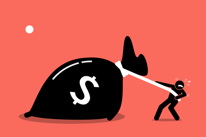 A man is struggling to pull a big bag of money because it is too heavy  Illustration