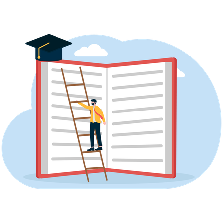 A man opens a book and puts a ladder to a graduation cap on it  Illustration