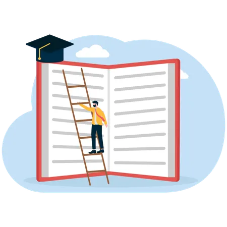A man opens a book and puts a ladder to a graduation cap on it  Illustration