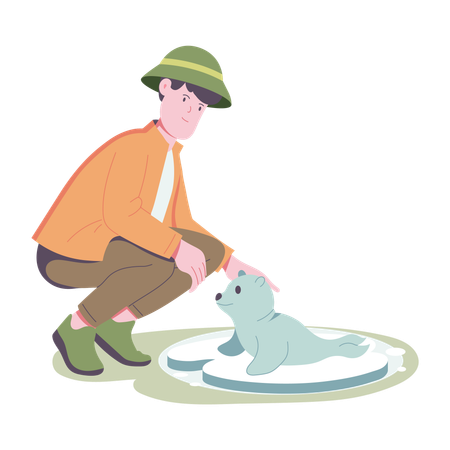 A man patting seal  Illustration
