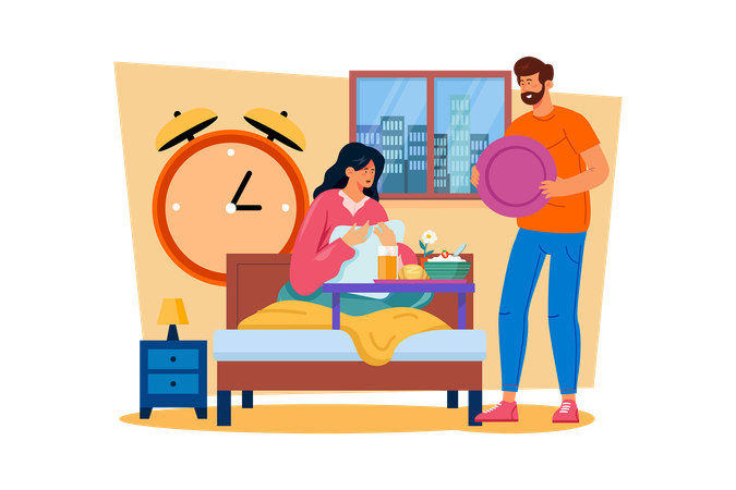 A man prepares a special breakfast in bed for the woman  Illustration