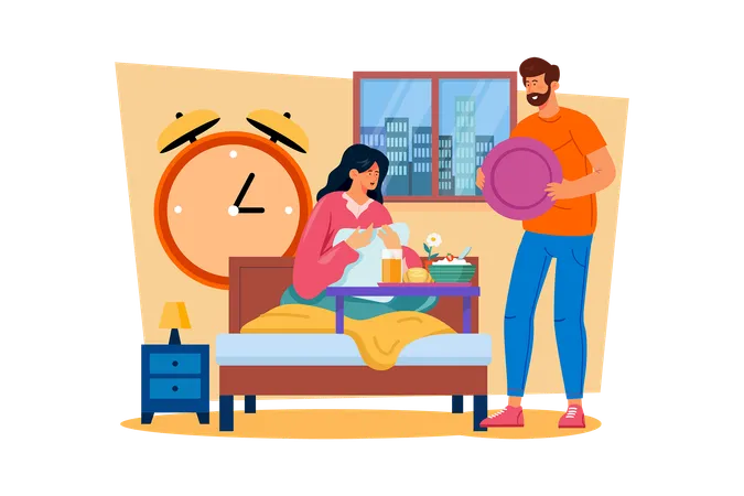 A Man Prepares A Special Breakfast In Bed For The Woman イラスト