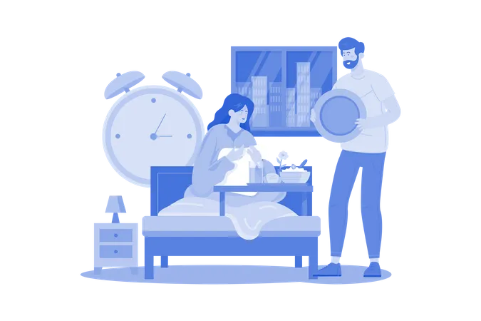 A man prepares a special breakfast in bed for the woman  Illustration