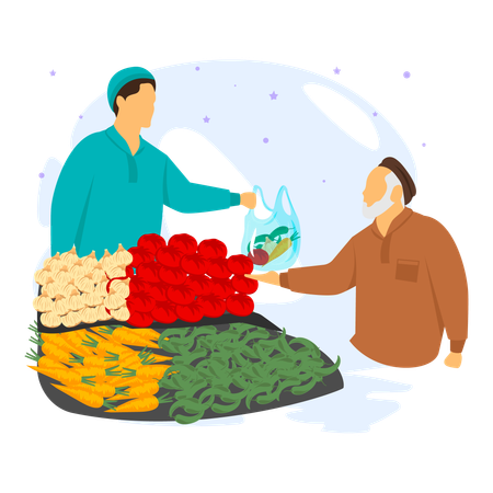 A Man Purchasing Vegetables From A Vendor At A Market Stall  Illustration