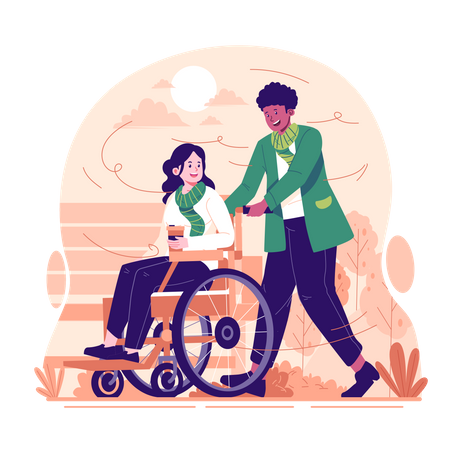 A man pushing woman in wheelchair in autumn  Illustration