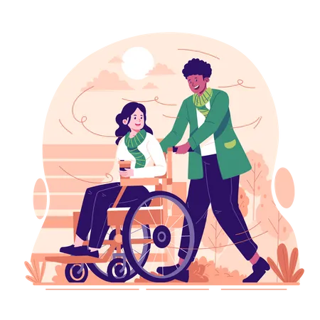 A man pushing woman in wheelchair in autumn  Illustration