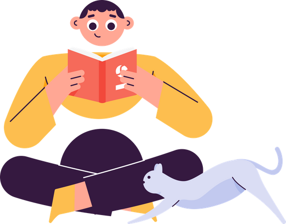 A Man Reading Book With Cat  Illustration