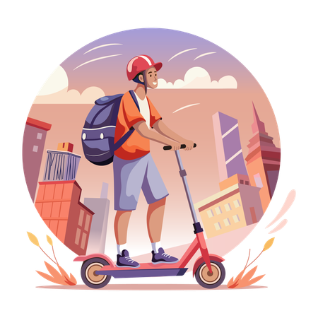 A man riding scooter in a city  Illustration