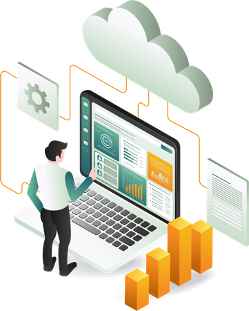 A man sitting at a desk, focused on his laptop screen displaying a cloud data  Illustration