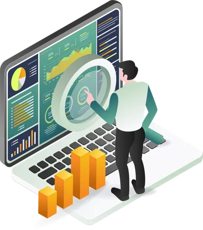 A man sitting at a desk using a laptop to analyze graphs and data  Illustration