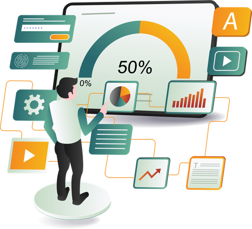 A man standing in front of a monitor displaying a graph  Illustration