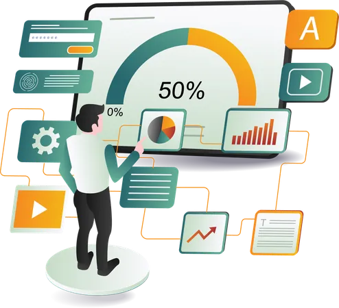 A man standing in front of a monitor displaying a graph  Illustration