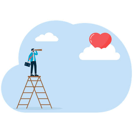 A man stands on a pile of coins looking at hearts flying in the sky  Illustration