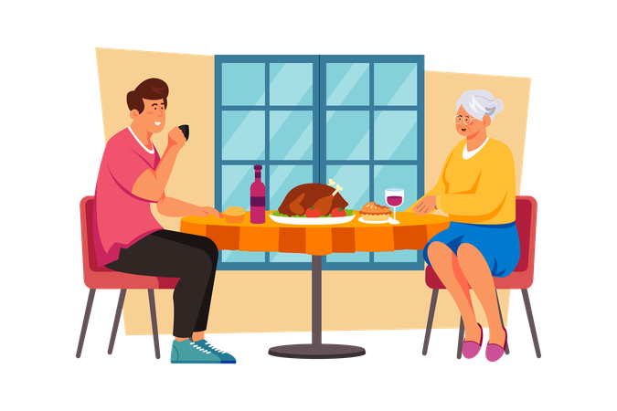 A man takes his mother out for a nice lunch to celebrate her on International Women's Day  Illustration