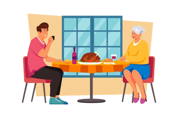 A man takes his mother out for a nice lunch to celebrate her on International Women's Day  Illustration