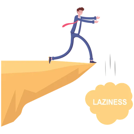 Remove The Laziness Throw Away The Sense Of Laziness A Man Throws All Of His Laziness Down A Cliff Or Ravine Efforts To Become More Diligent Flat Illustration Concept Design Graphic Elements Illustration