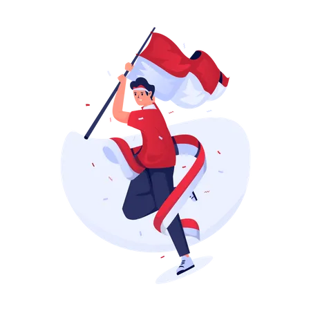 A Young Man Waving Indonesian Flag Celebrating Independence Day Illustration