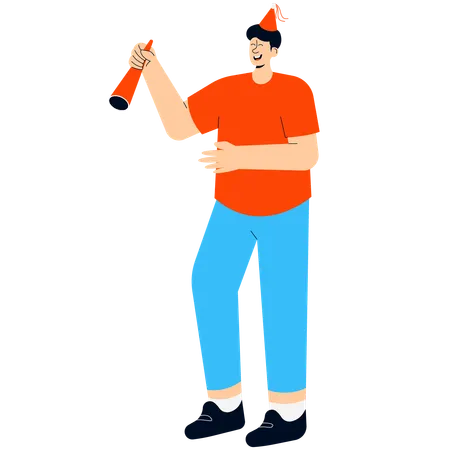 A Man Who Is Celebrating New Year By Blowing The Trumpet  Illustration