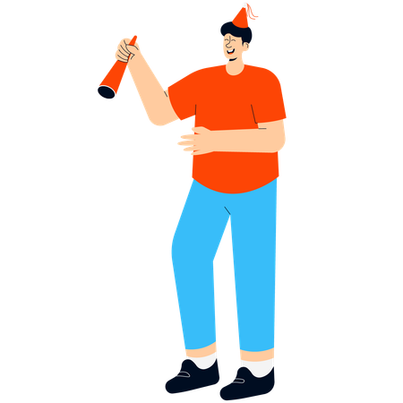 A Man Who Is Celebrating New Year By Blowing The Trumpet  Illustration