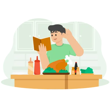 A Man Who Is Cooking Chicken With A Recipe Book Guide Illustration