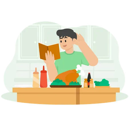 A Man Who Is Cooking Chicken With A Recipe Book Guide  Illustration