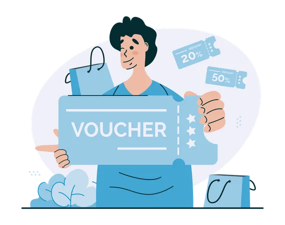 E Commerce And Shopping Illustration With A Man And Shopping Voucher Concept For Website Landing Page Ui Kits Banner And Other Commerce Project Design Illustration