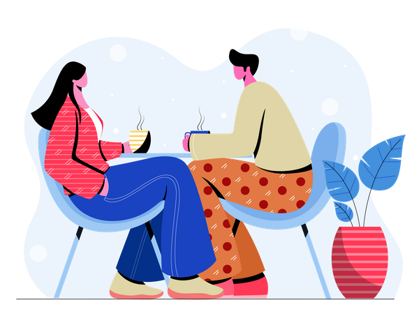 A man & woman talikg at restaurant  Illustration