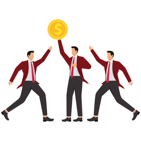 A mão do empresário agarra a moeda de ouro em sua mão  Ilustração