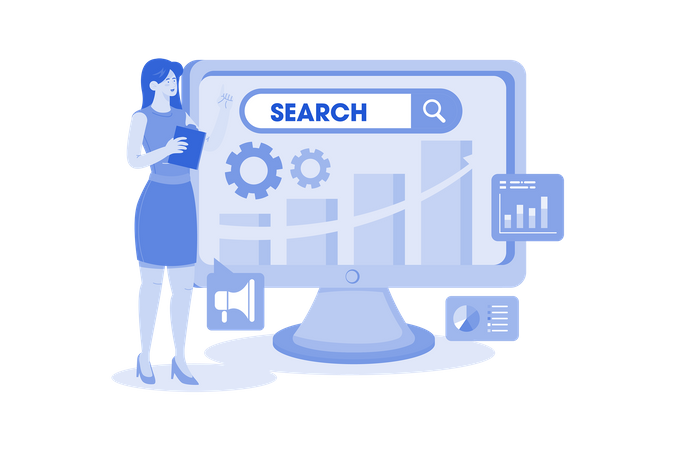 A marketer conducts keyword research to optimize a website's SEO  Illustration