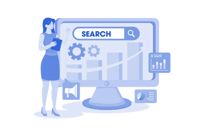 A marketer conducts keyword research to optimize a website's SEO  Illustration