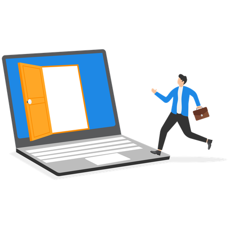 A men comes into the open door on a laptop screen  Illustration