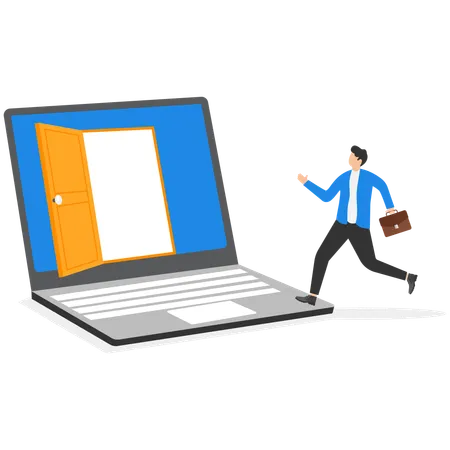 A men comes into the open door on a laptop screen  Illustration