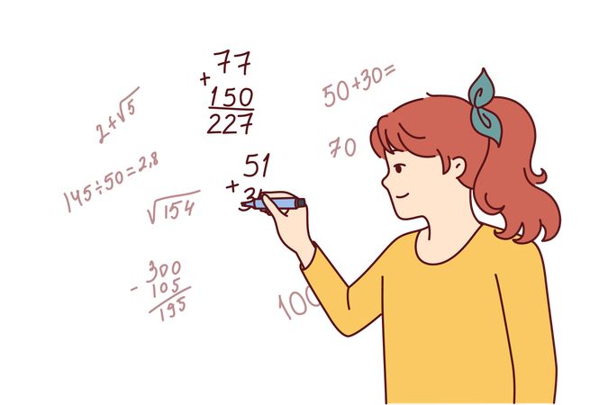 A menina adolescente escreve fórmulas matemáticas complexas no quadro-negro  Ilustração