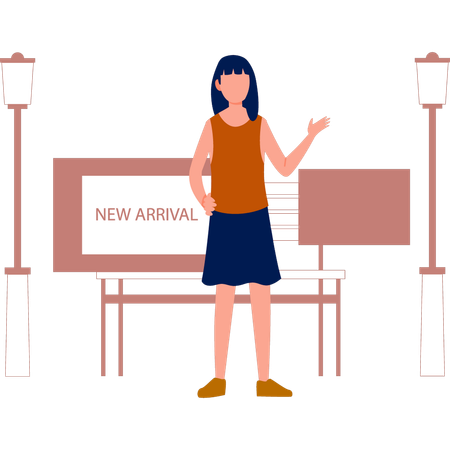 A menina está apontando para o outdoor de recém-chegados  Ilustração