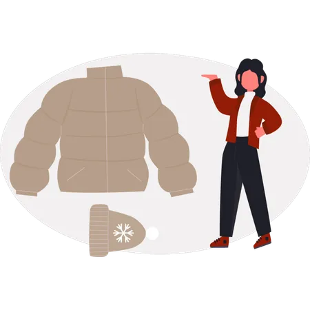 A menina está mostrando uma jaqueta puffer  Ilustração